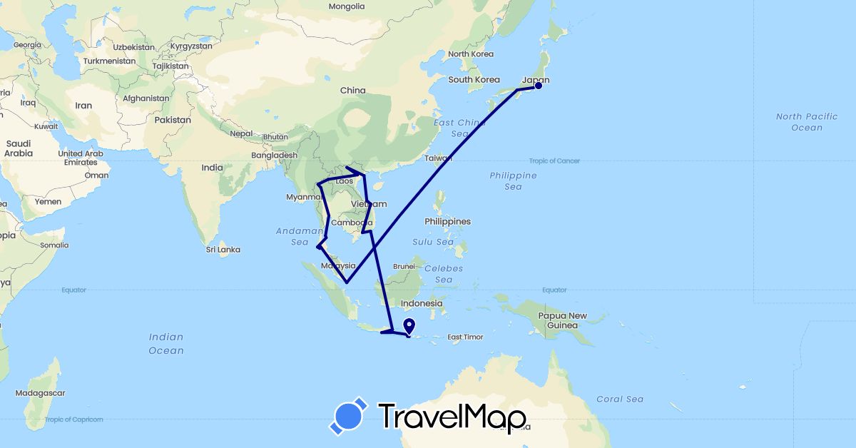 TravelMap itinerary: driving in Indonesia, Japan, Singapore, Thailand, Vietnam (Asia)